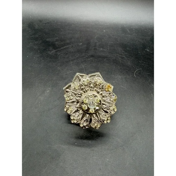 Vintage Floral Rhinestone Drawer Pull Silver Tone Rosette Cabinet Knob Hardware - Picture 1 of 7